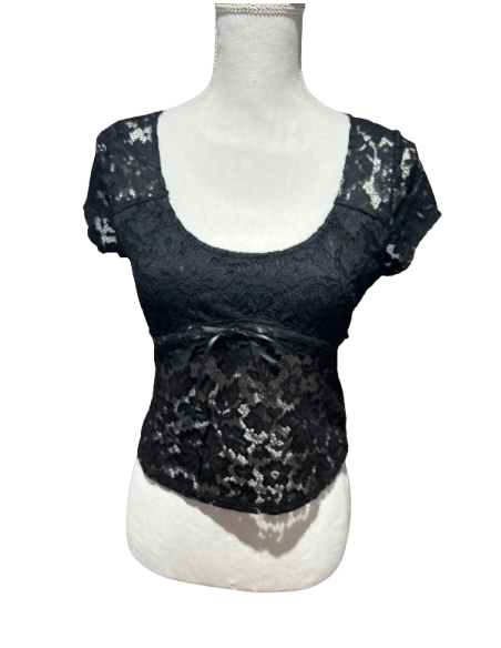 Black retro dance top with mesh sleeves for tango