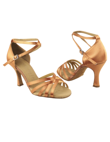 Ladies dance shoes in tan satin with ankle strap for salsa, ballroom, bachata dance