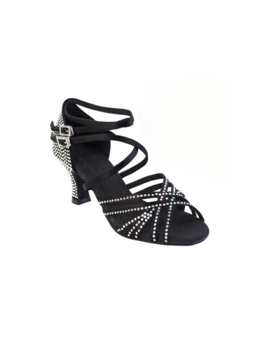 Black satin dance shoes with rhinestones for salsa, bachata and kizomba