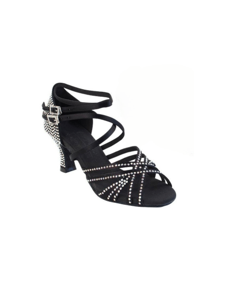 Black satin dance shoes with rhinestones for salsa, bachata and kizomba