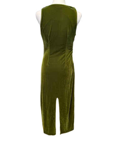 Olive green stretch velvet ball gown with back slit