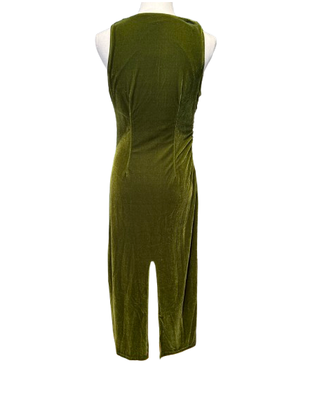 Olive green stretch velvet ball gown with back slit