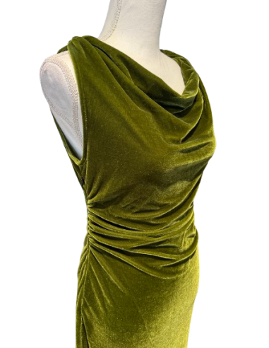Olive green stretch velvet ball gown with back slit