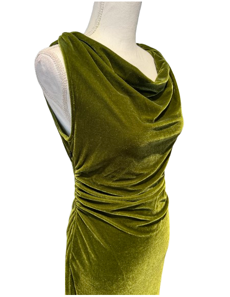 Olive green stretch velvet ball gown with back slit