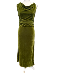 Olive green stretch velvet ball gown with back slit