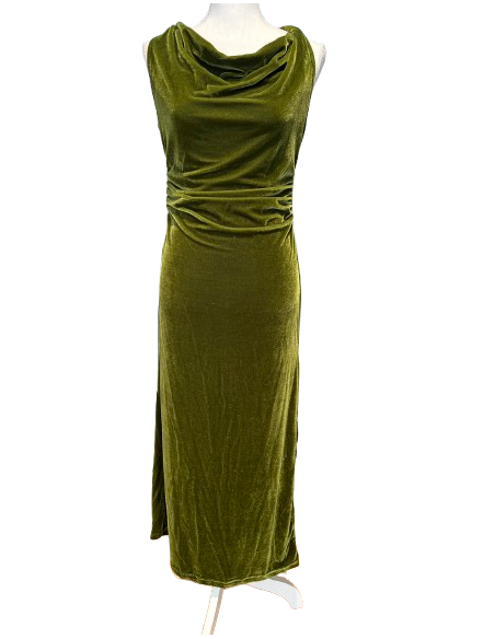 Olive green stretch velvet ball gown with back slit