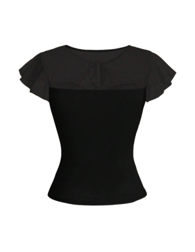Black retro dance top with mesh sleeves for tango