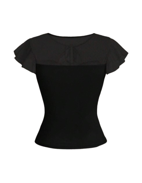 Top de danse rétro noir avec manches en maille pour le tango