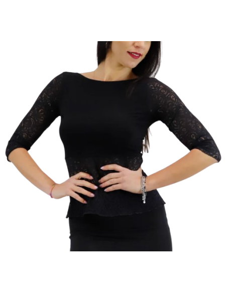 Dance top by Rossa Spina Italy in black lace fabric for argentine tango or ballroom