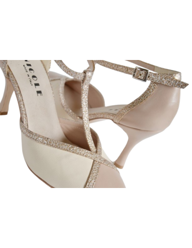 Eleganti scarpe da tango in pelle cipria e oro, tacco 8cm