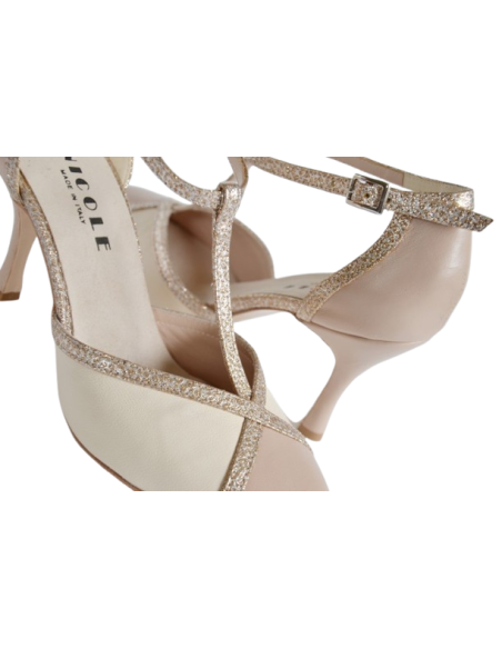 Chaussures de tango élégantes en cuir crème et doré, talon de 8cm