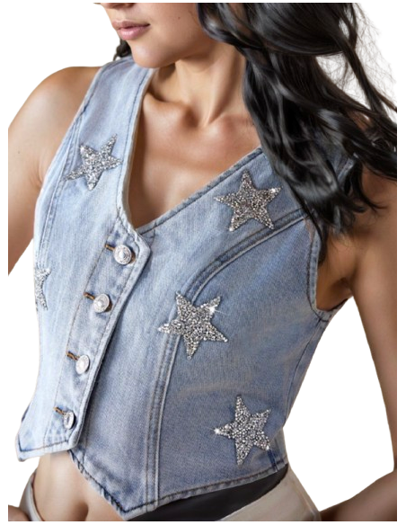 Denim waistcoat with glitter stars for line dancing | Veryfine Switzerland