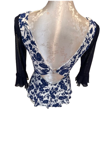 Top da ballo di Rossa Spina Italy in tessuto elasticizzato blu fiori per tango argentino