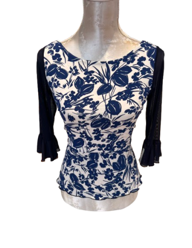 Top da ballo di Rossa Spina Italy in tessuto elasticizzato blu fiori per tango argentino