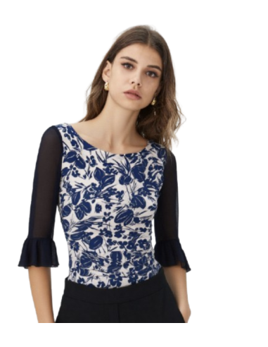 Top da ballo di Rossa Spina Italy in tessuto elasticizzato blu fiori per tango argentino