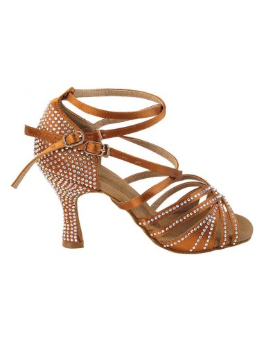 Ladies rhinestone dance shoes in dark tan satin with double ankle strap &  crystals for salsa, bachata dance