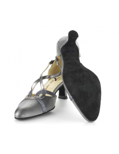 Scarpa da ballo punta chiusa in raso grigio con cinturini scintillanti da ballo da sala, sera di ballo