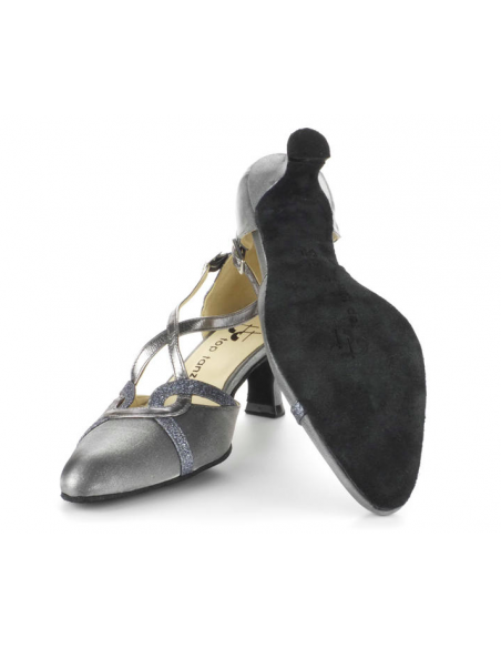 Scarpa da ballo punta chiusa in raso grigio con cinturini scintillanti da ballo da sala, sera di ballo